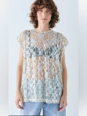 VRG GRL Deyn oversized sequin lace sheer top in cream and blue